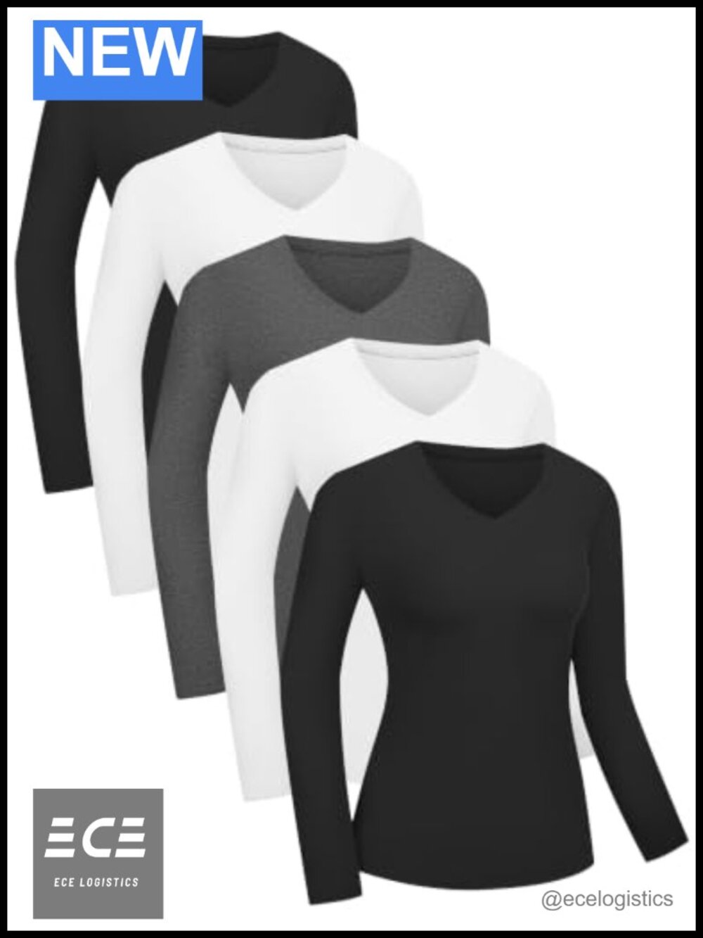 Women's Long Sleeve V Neck Slim Fit Spandex Blend T-Shirts 5 Pack